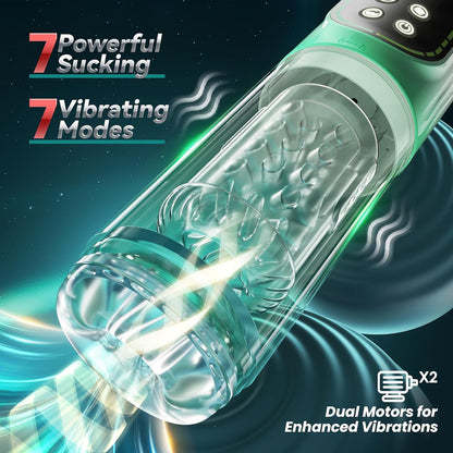 Green - 9 in 1 Suction & Thrusting Male Masturbator with LCD Display