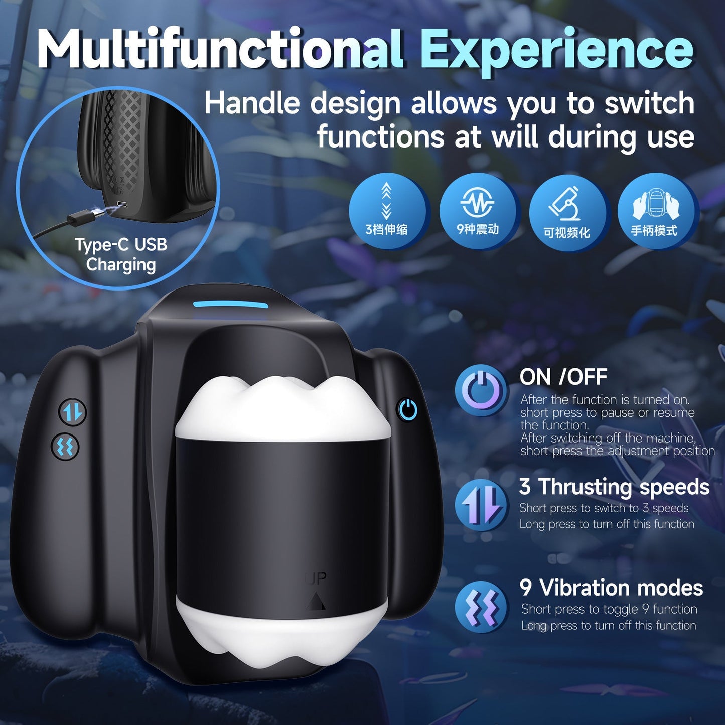 9 Sucking & Vibrating Handle Maturbator Cup with APP Control Phone Holder
